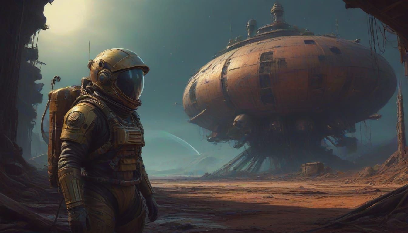 Astronaut Tinkers on Derelict Spacecraft Amidst Kaelin-IV's ...