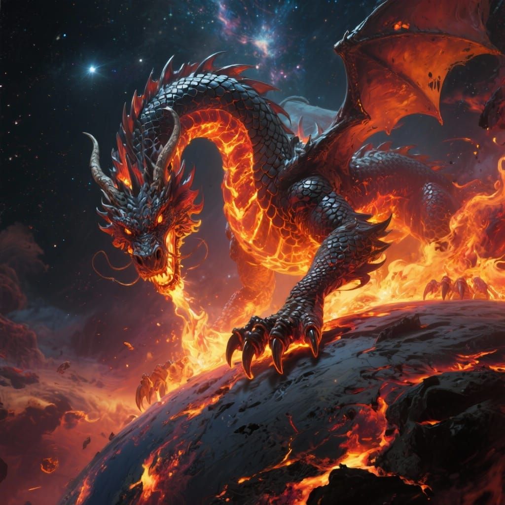 Majestic Dragon on Scorched Planet in Cosmic Style