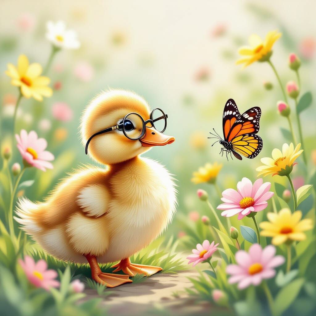 Duckling with Monocle in Whimsical Garden