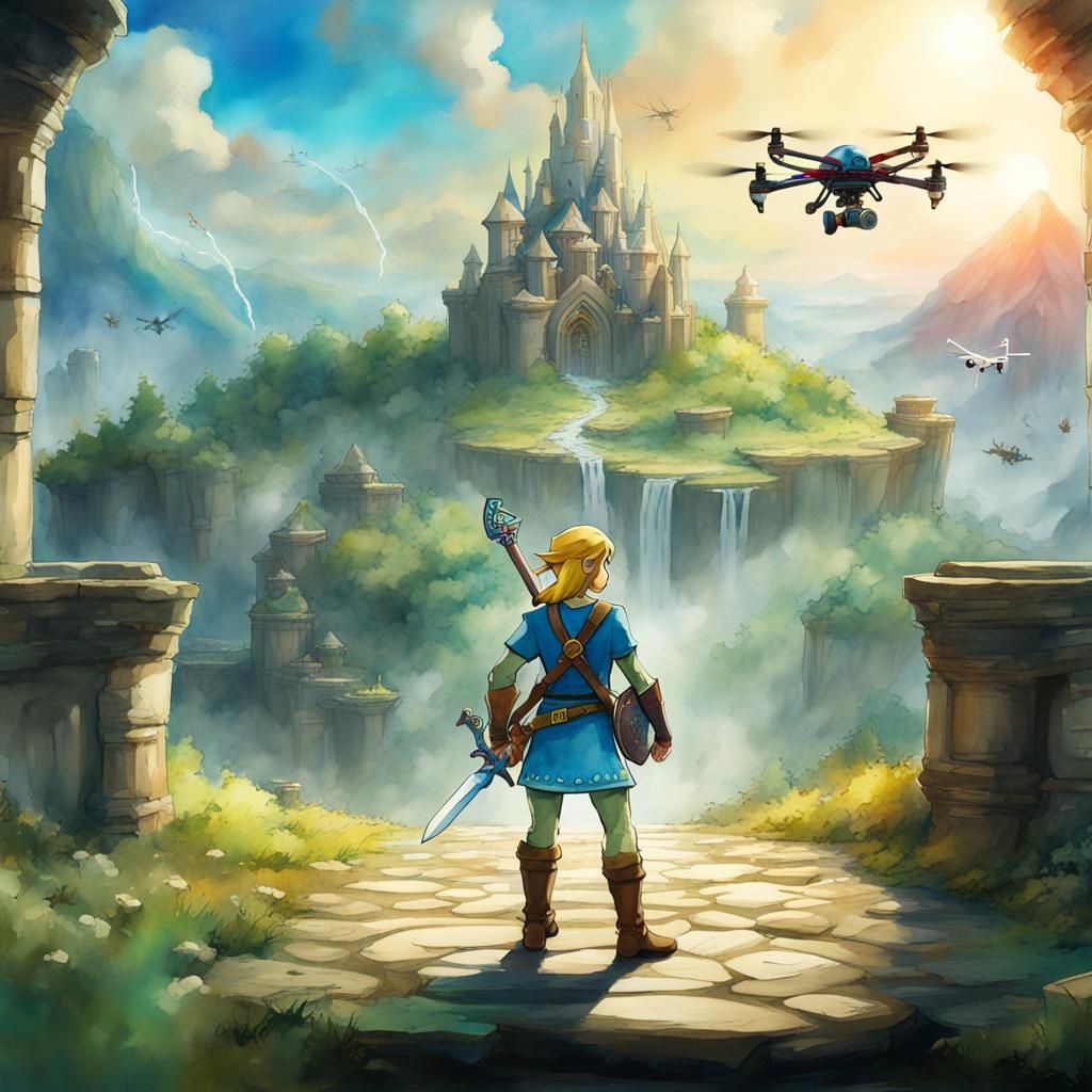 Link Zelda and Drones in Watercolor Style