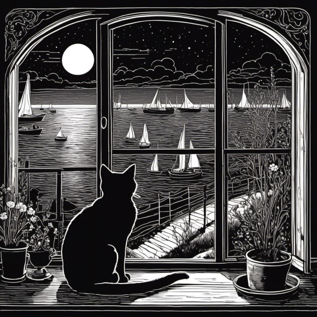 Cat Watching Boats in Palekh Style Illustration