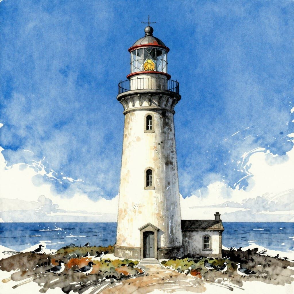 Weather-Beaten Lighthouse on Coastal Bluff in Ink Wash Style