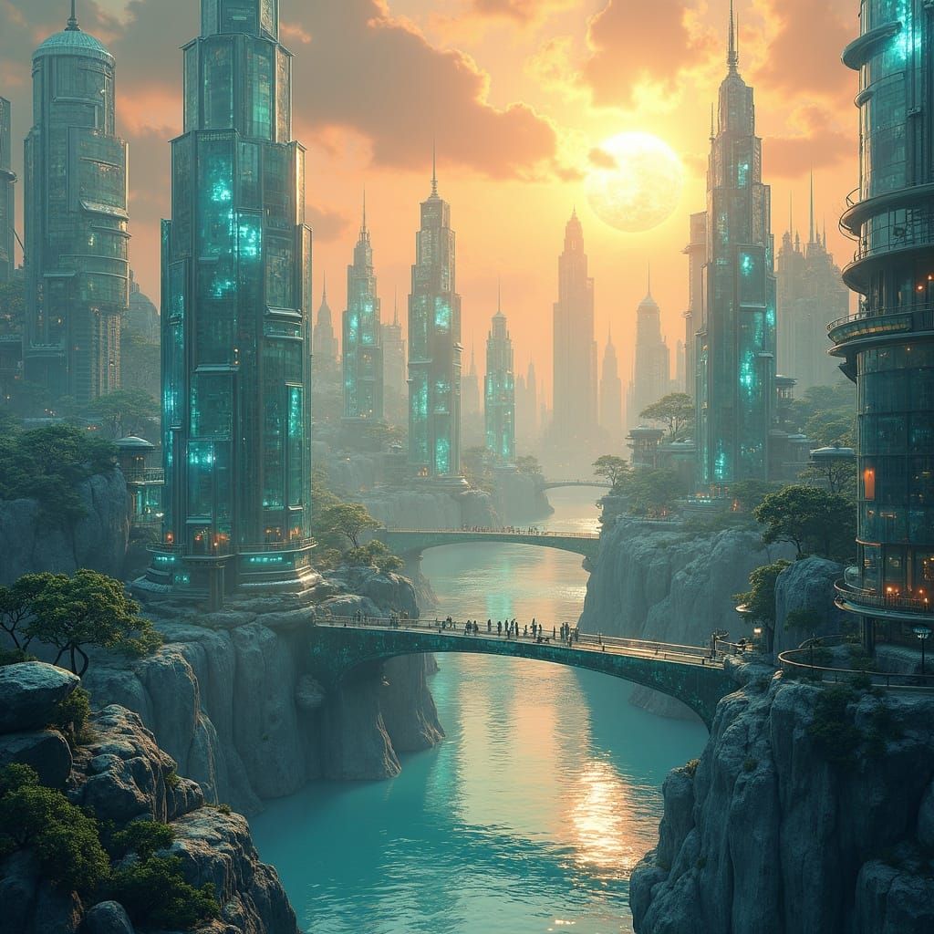 Glass Cityscape with Molten Sun - Hyperrealistic Digital Art