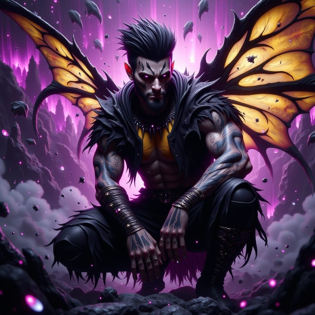 Dark Fae in Gritty Battle Stance, Smirking with Defiance