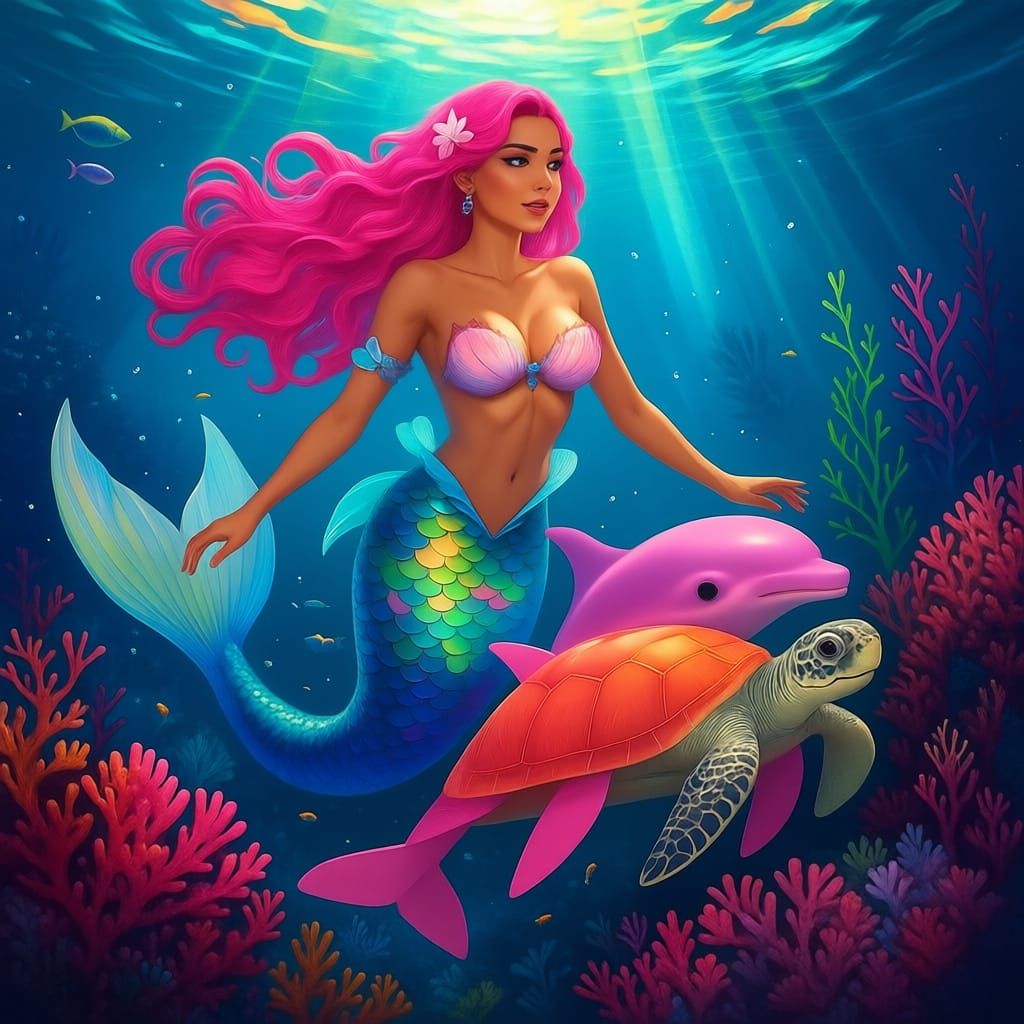 Mermaid Swimming with Sea Turtle in Neon Ocean