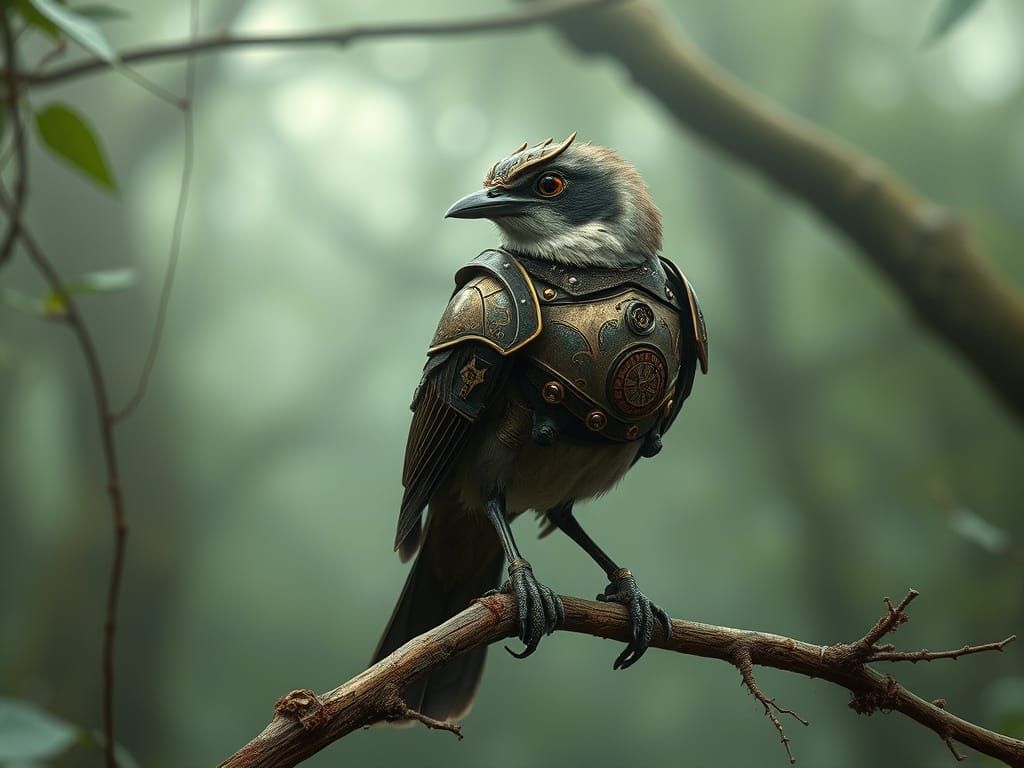Steampunk Shrike in Misty Forest