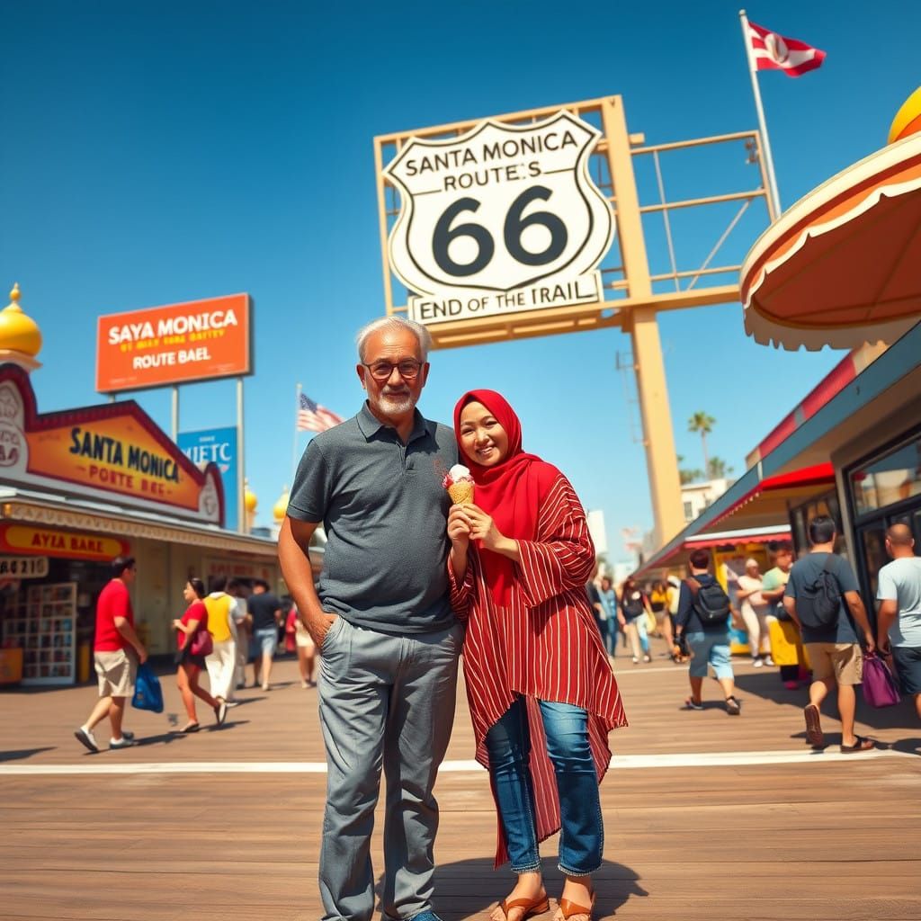 Couple Under Iconic Route 66 Billboard in Vibrant Santa Moni...