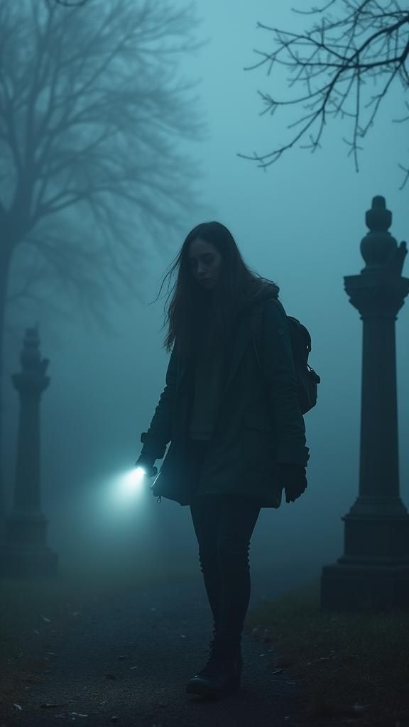 Adventurer Enters Misty Cemetery in Gothic Style