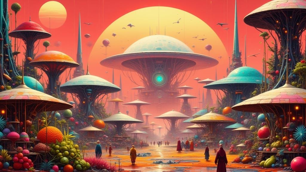 Biopunk Martian Bazaar Under Geodesic Dome