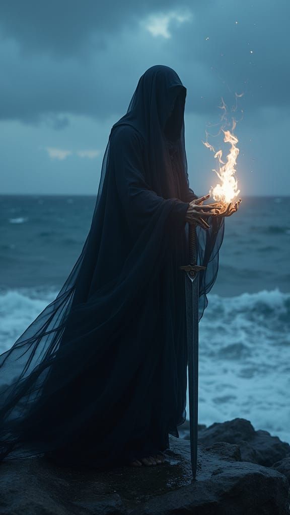 Veiled Sorcerer on Stormy Coast: Cinematic Masterpiece