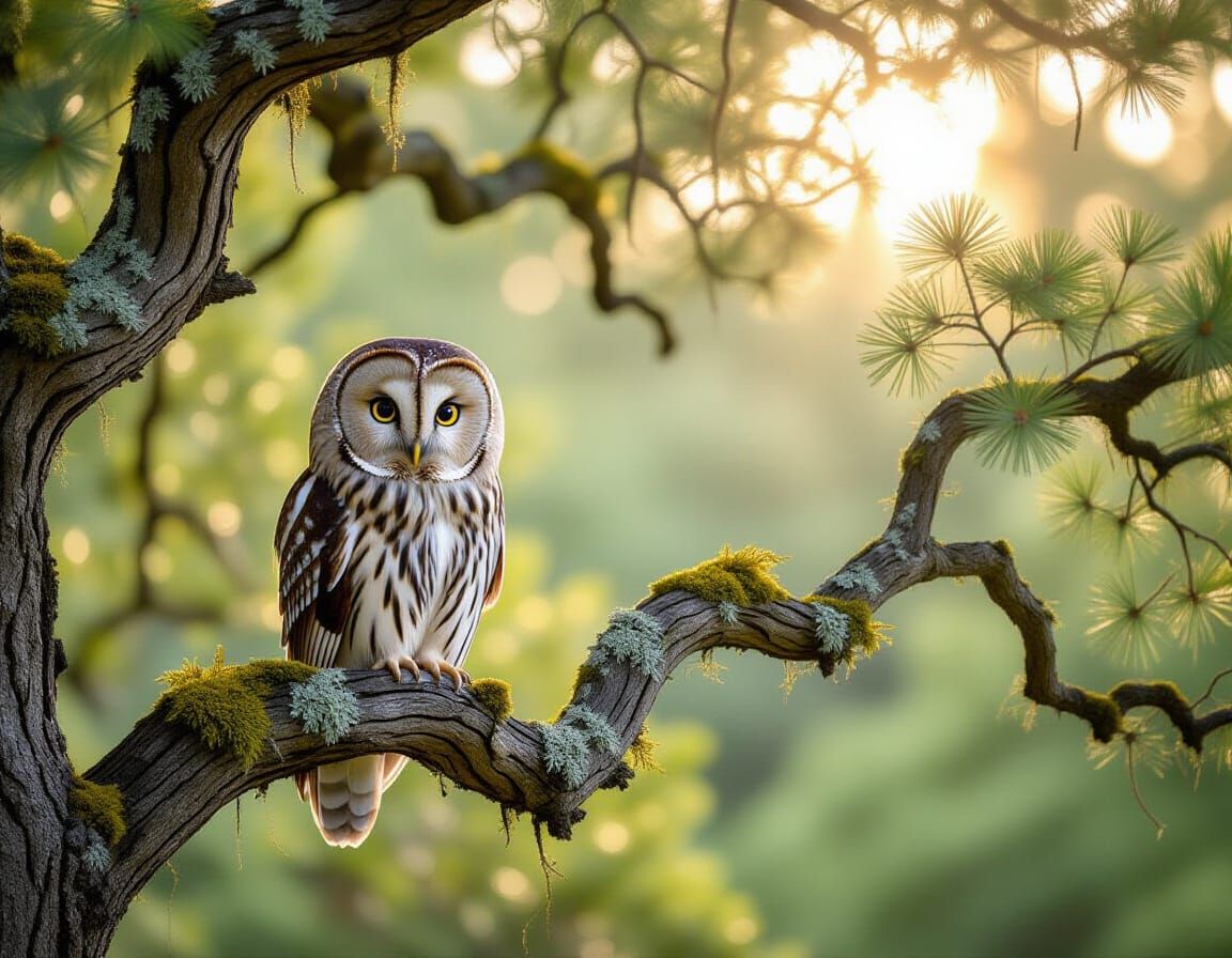 Wise Owl Perched on Mossy Oak Branch