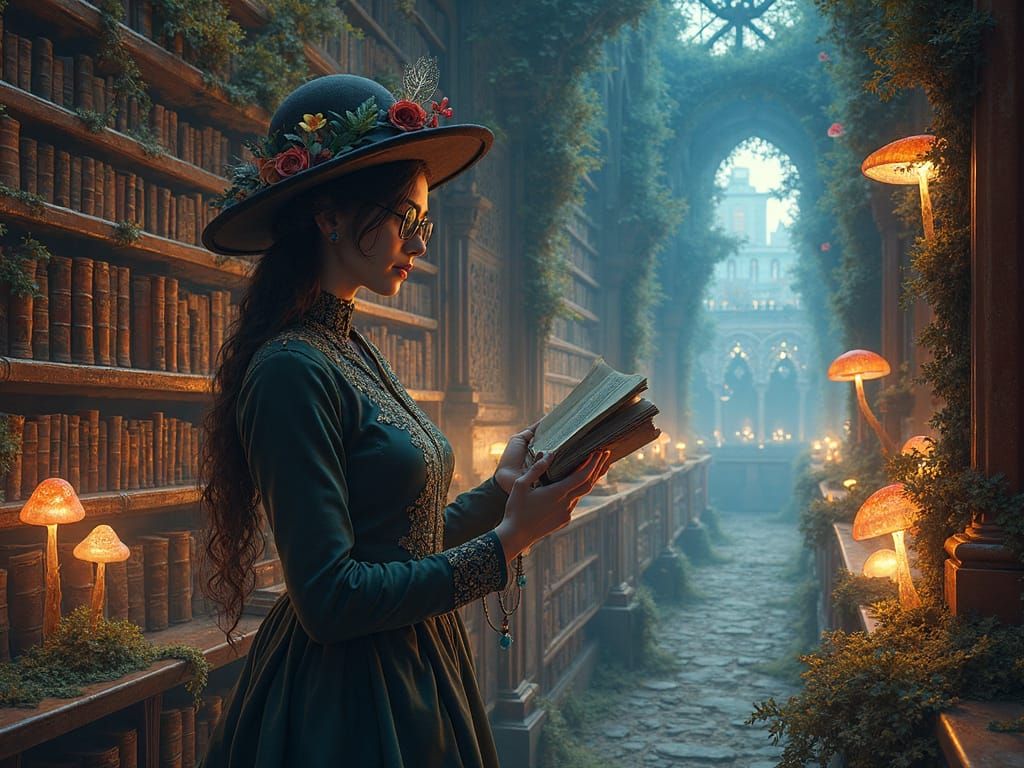 Elegant Lady Searches for a Book in a Whimsical Gothic Libra...