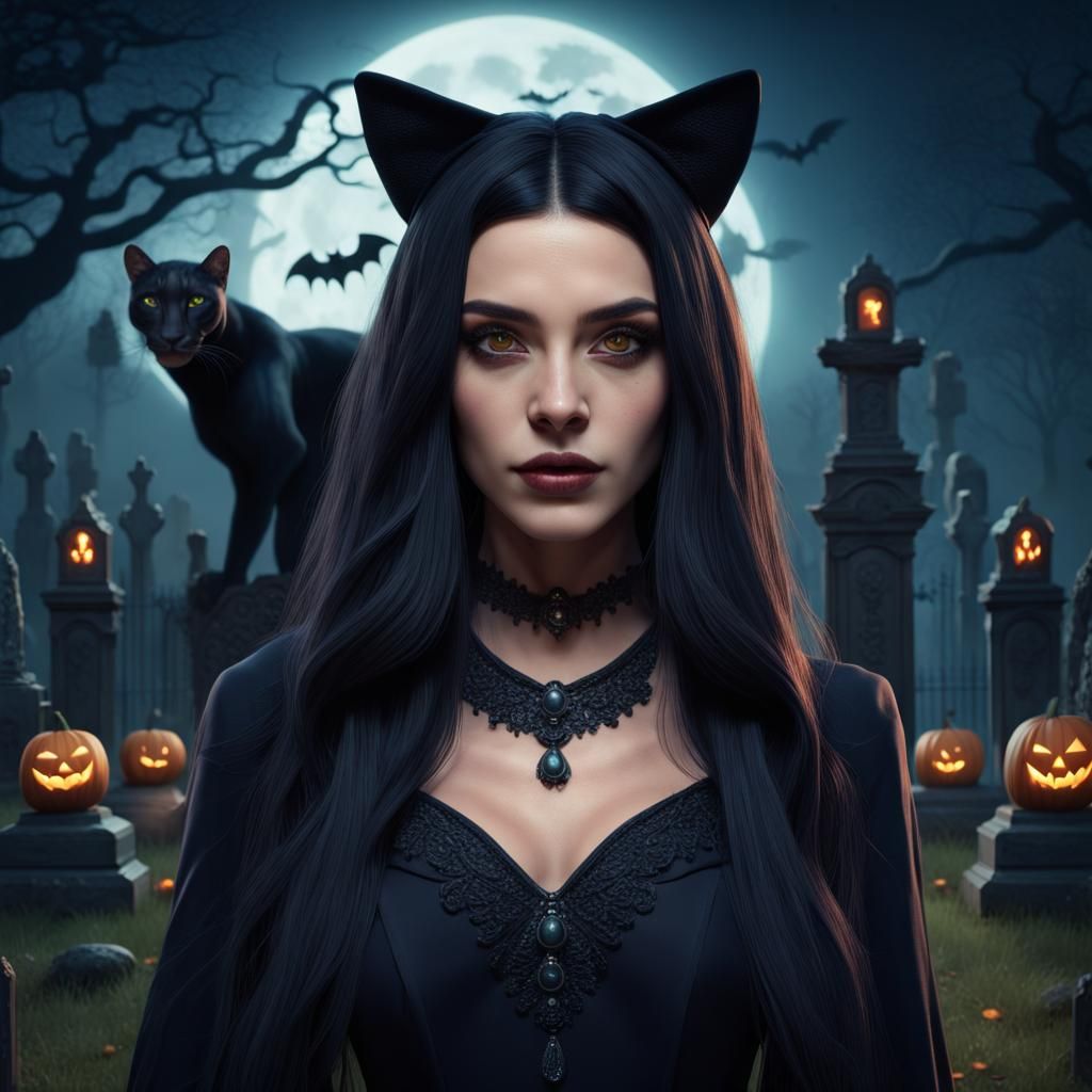 Halloween Witch in Graveyard with Jaguar: Matte Painting