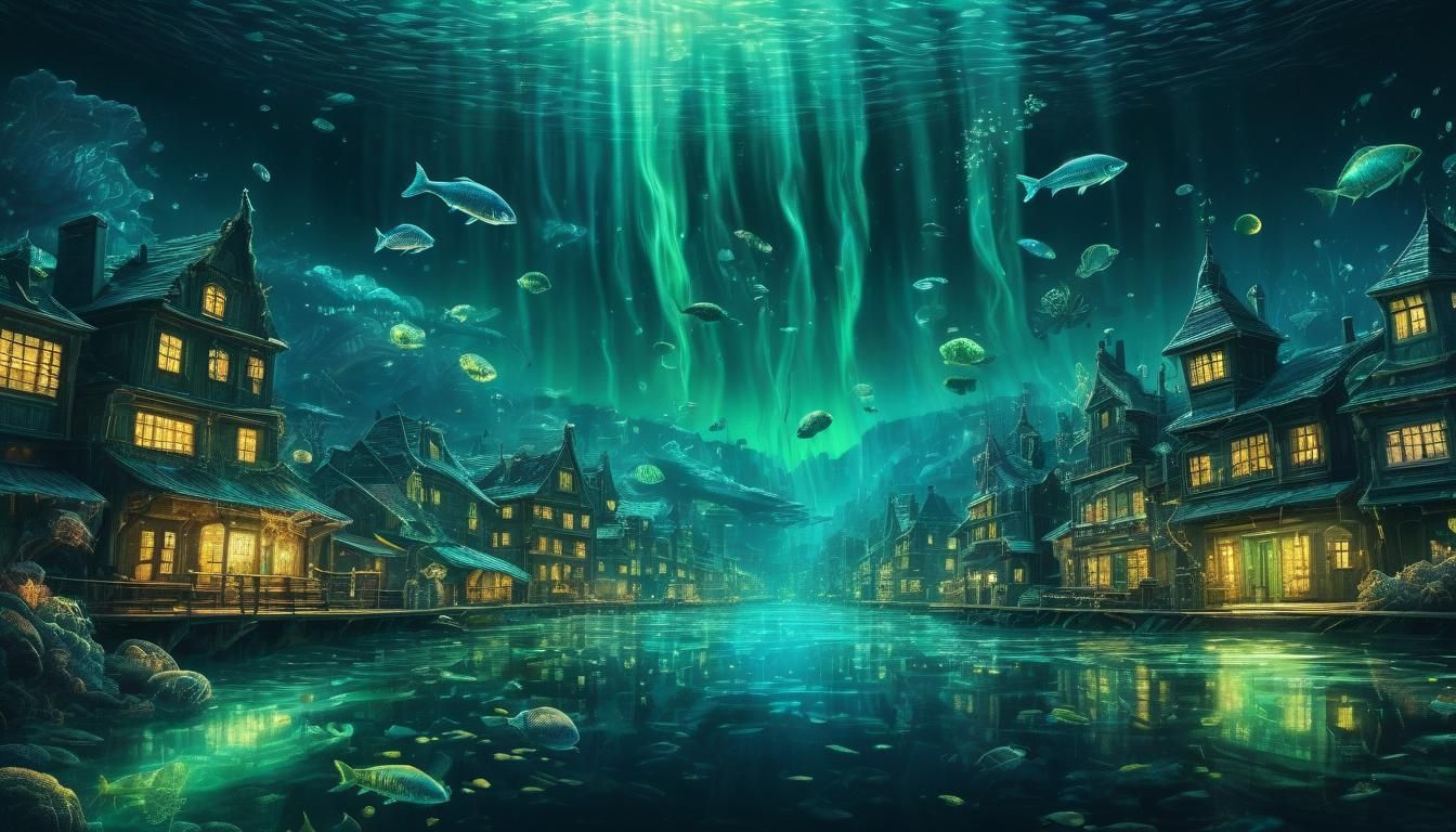 Underwater Coral City Illuminated by Northern Lights