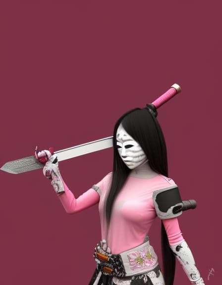 Cyberpunk Samurai Girl with Oni Mask in 3D