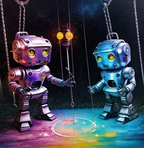 Cute Robot Children on Swingset in Surreal Style