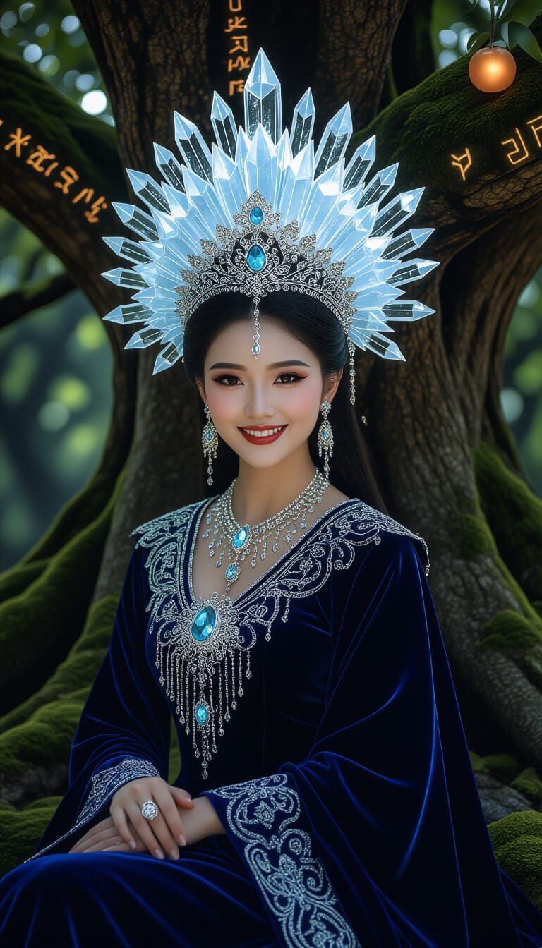 Hmong Queen with Ice Crown in Mystical Forest