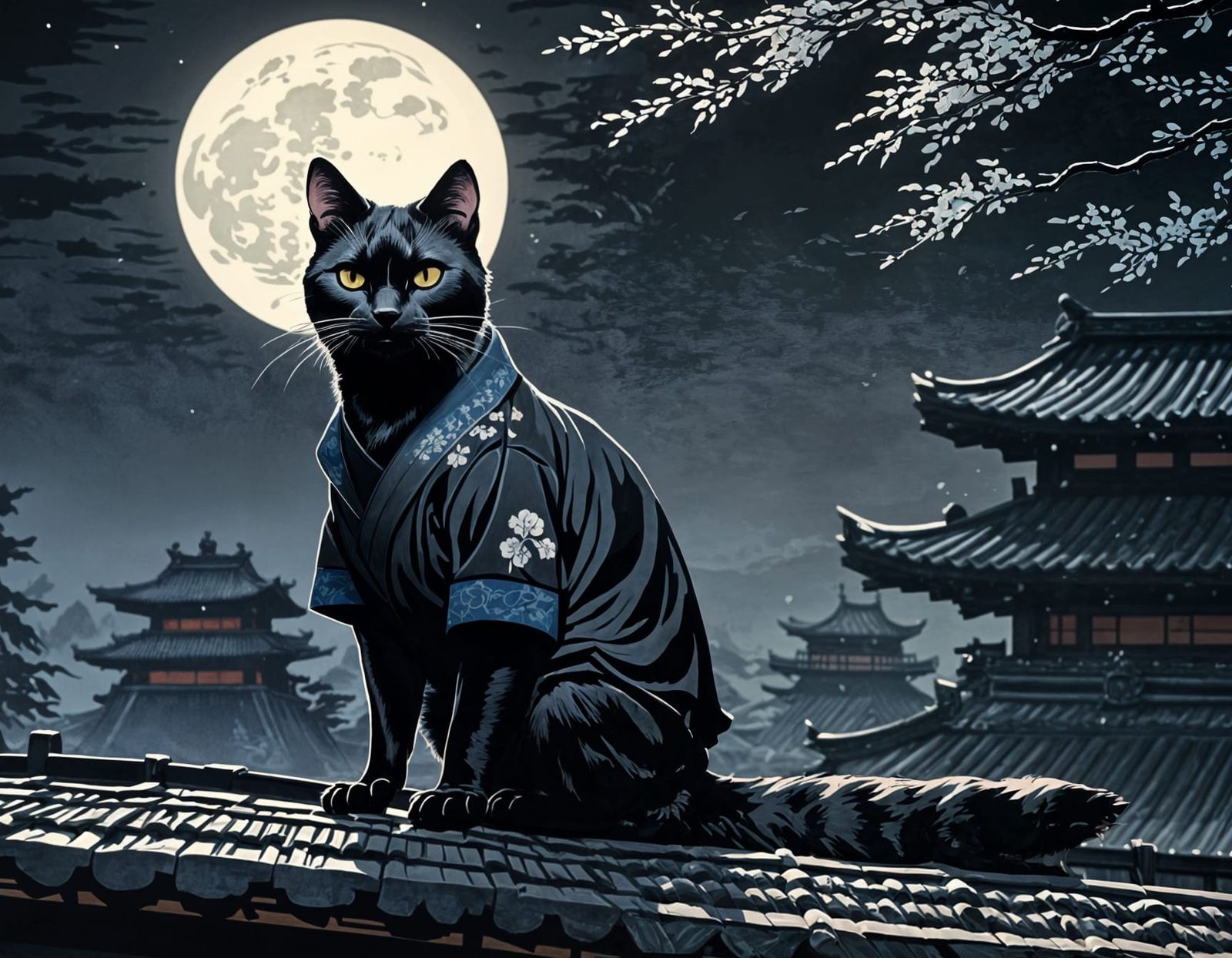 Ukiyo-e Black Cat Ninja, Hokusai Style