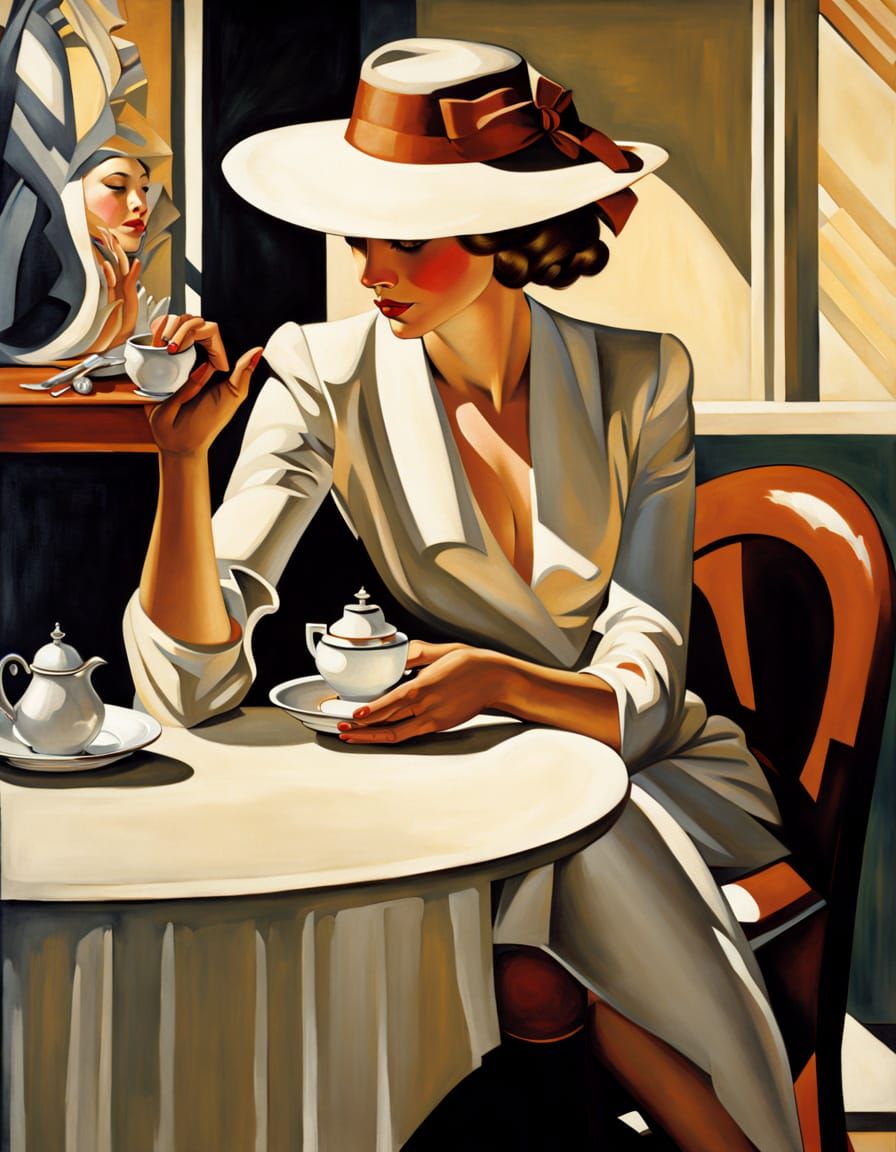 Figure in Sun-Drenched Cafe, Oil Painting Style