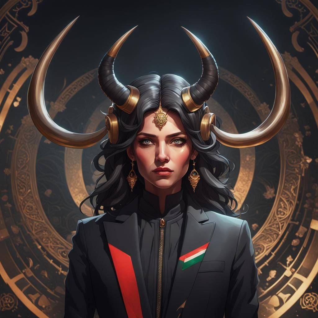 Palestinian Woman in Horned Suit: Detailed Portrait