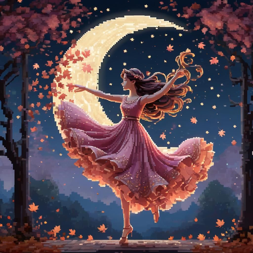 Pixel Art Lady Dancing Under Autumn Moon