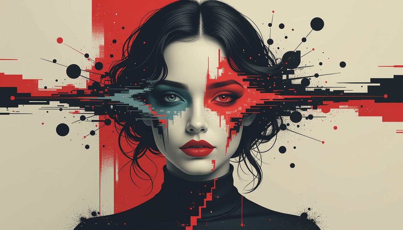 Surreal Glitch Portrait: Woman Merging Into Landscape