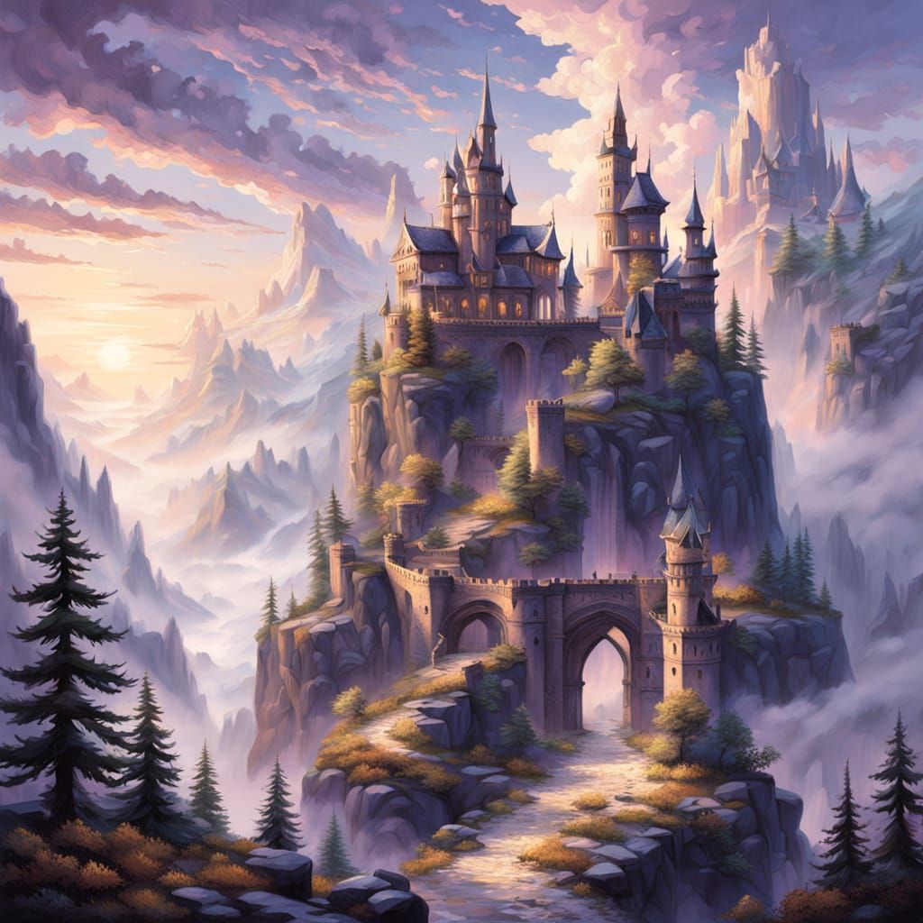 Fantasy Castle Perched on Mountain Ridge in Early Morning