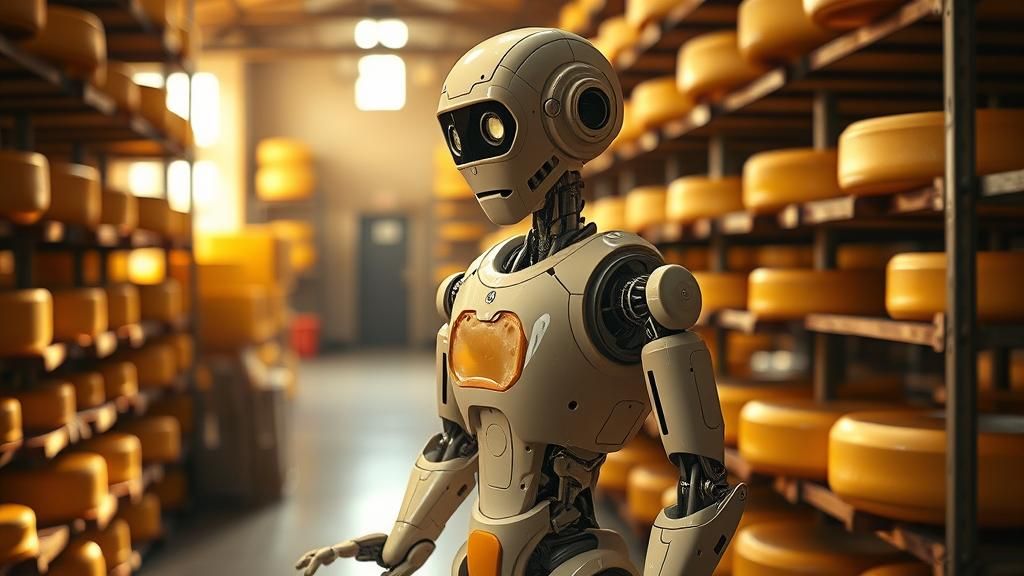 Cheese Robot in Cheese Factory, Hyperrealistic 8K Render