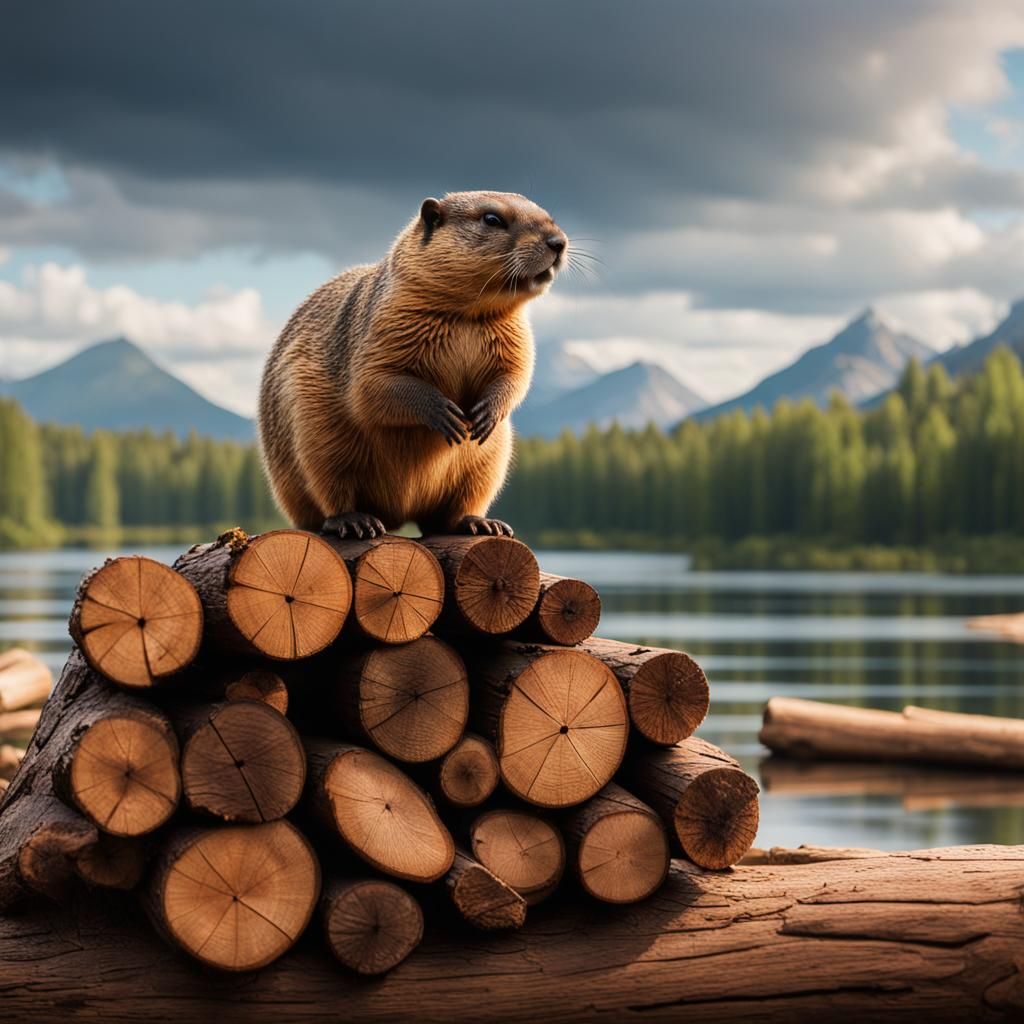 Hyperrealistic Woodchuck on Wood Pyramid by Lake