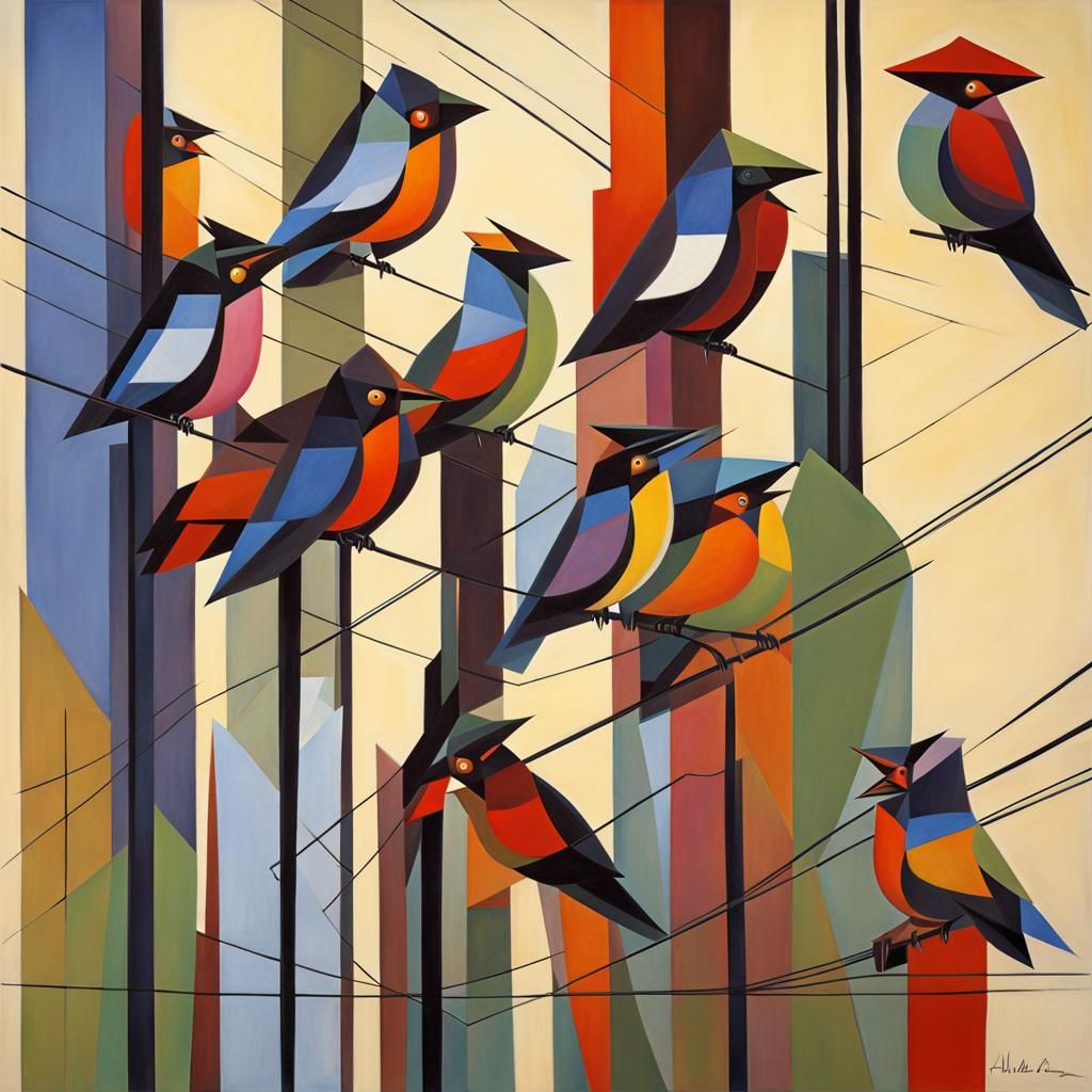 Colorful Birds on Power Lines in Cubist Style