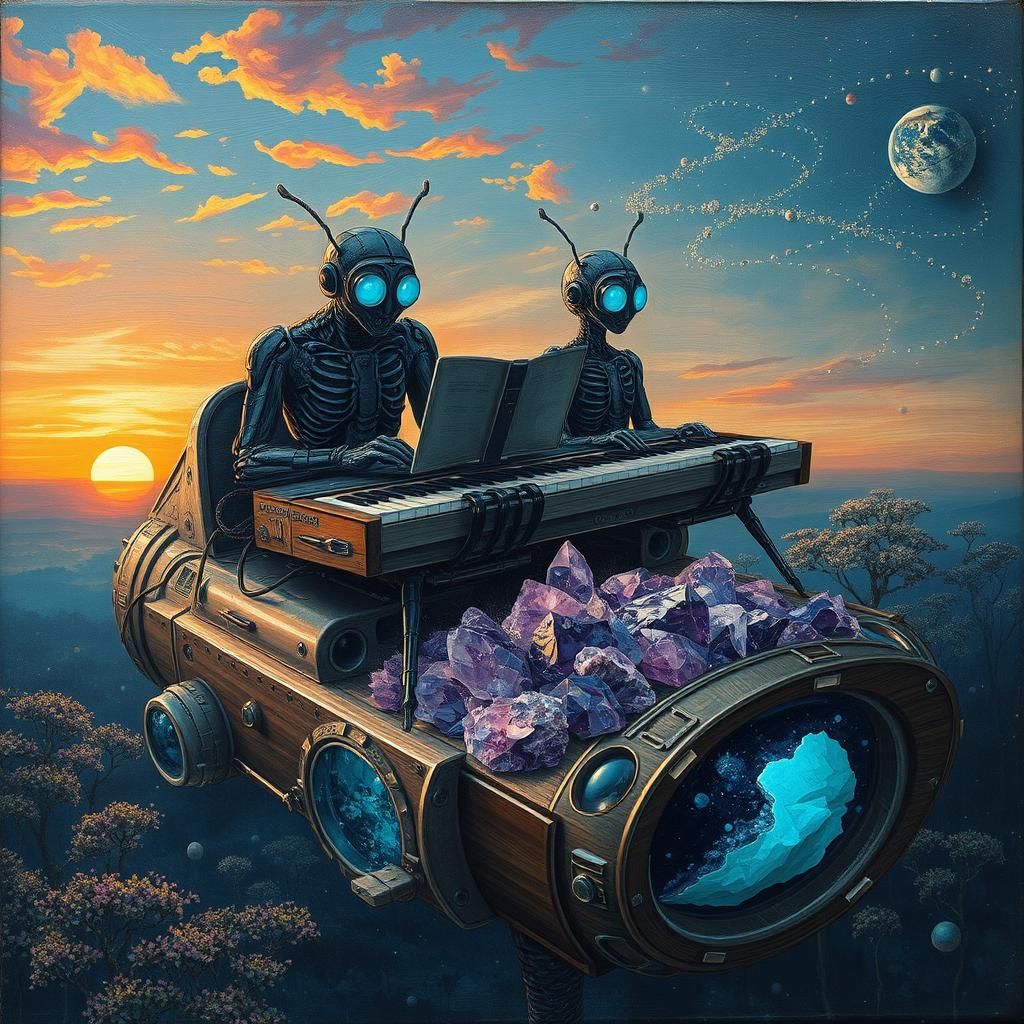 Surrealist Art Piece: Ethereal Figures in Sunset Galaxy