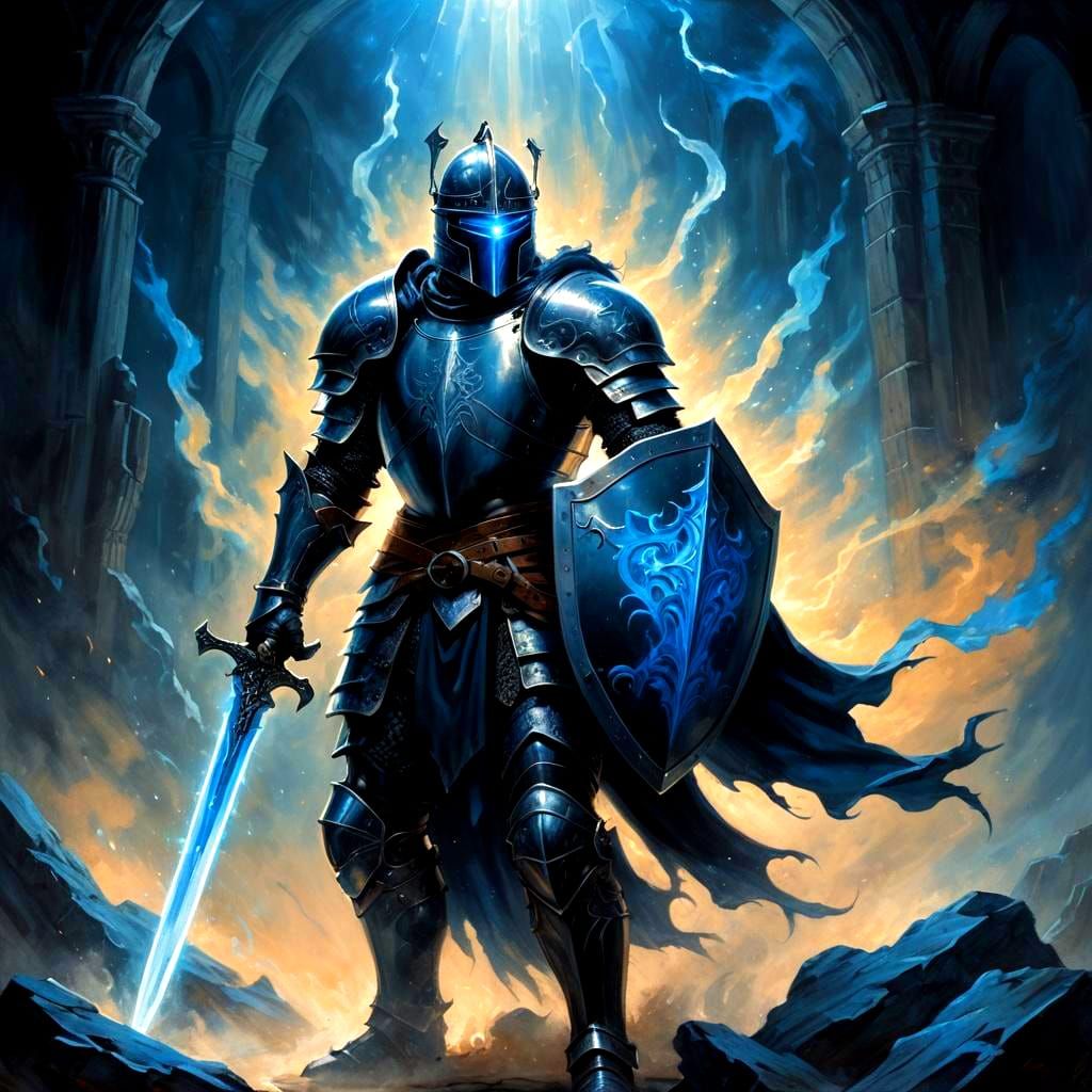 Medieval Knight in Black Armor with Blue Light