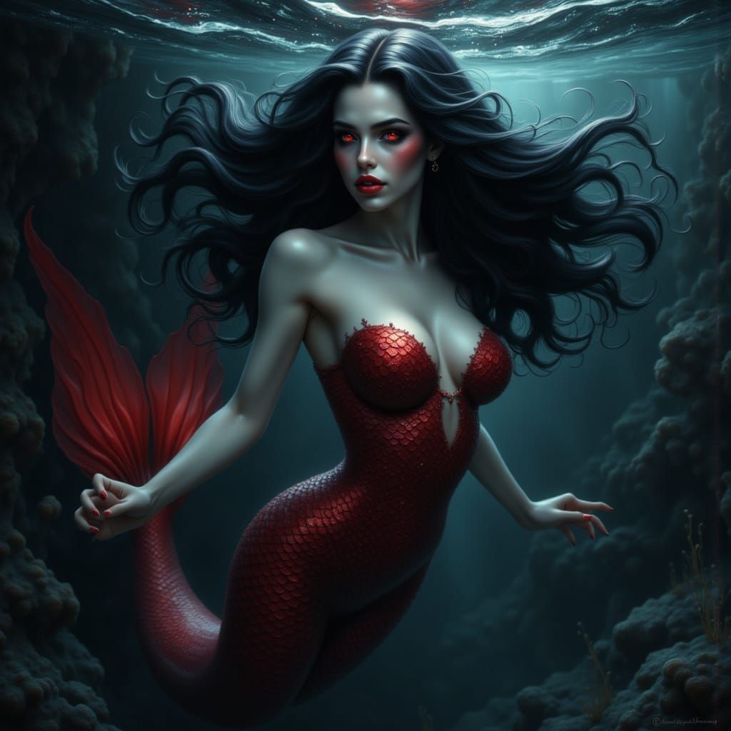 Vampire Mermaid with Red Eyes and Fangs