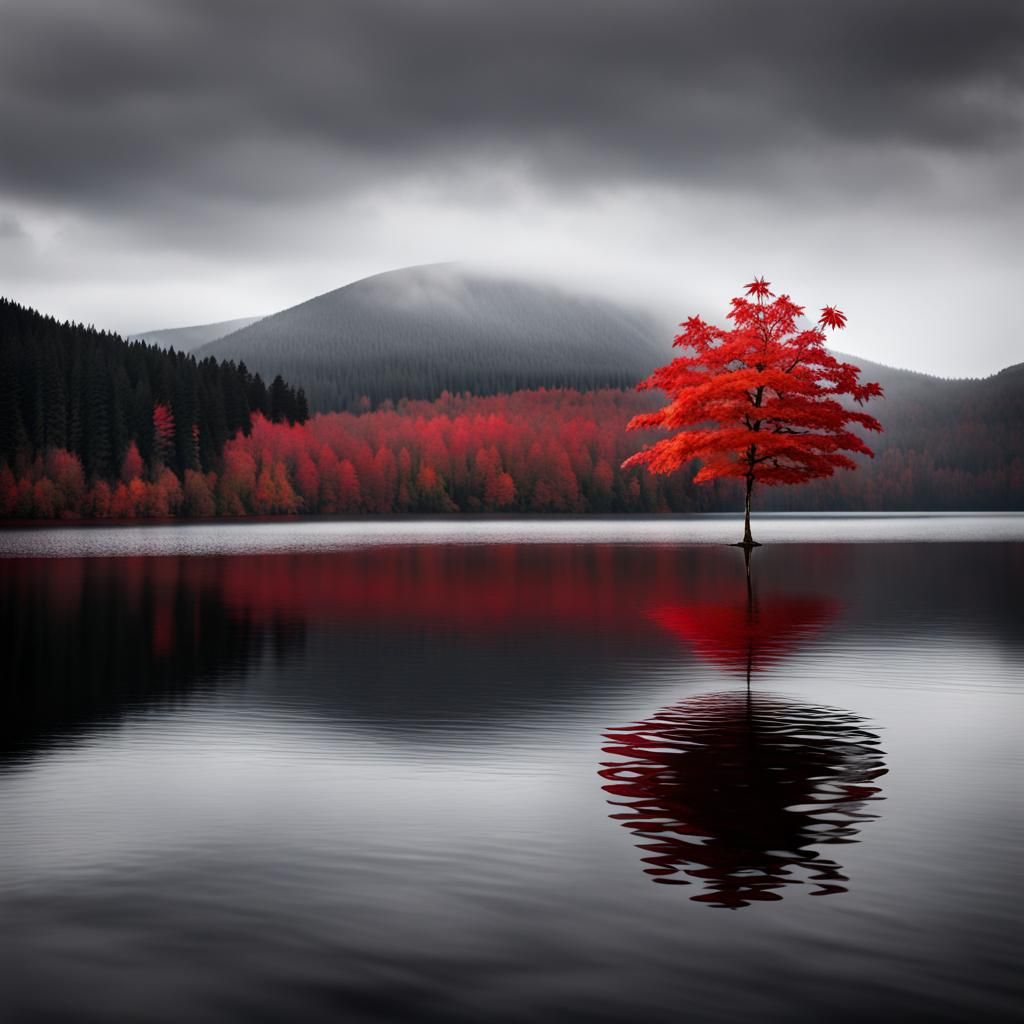 Solitary Red Maple Leaf on Mountain Lake