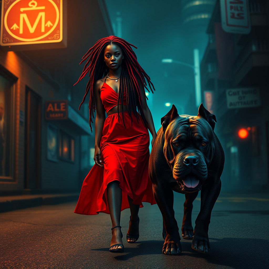 Mystical Woman and Pitbull in Fantasy Cityscape