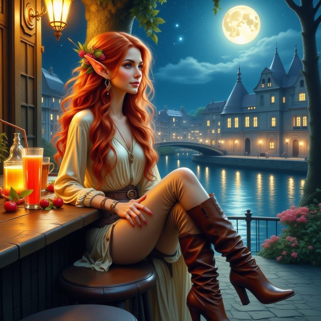 Elf Woman at Terrace Bar Under Starry Night