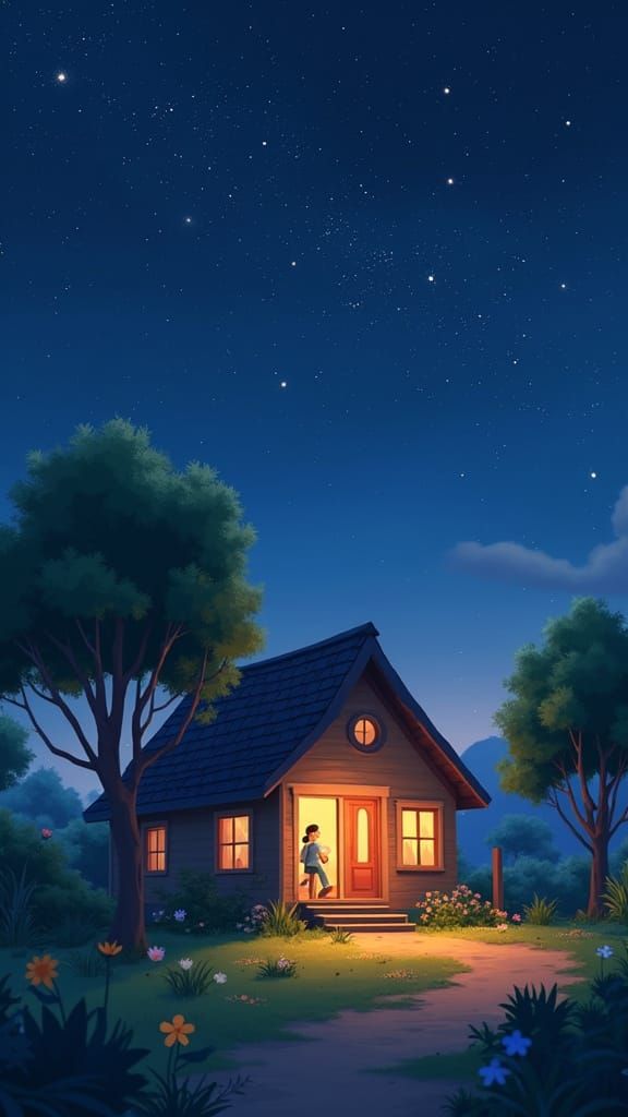 Cozy Home Under Starry Sky in 3D Disney Pixar Style
