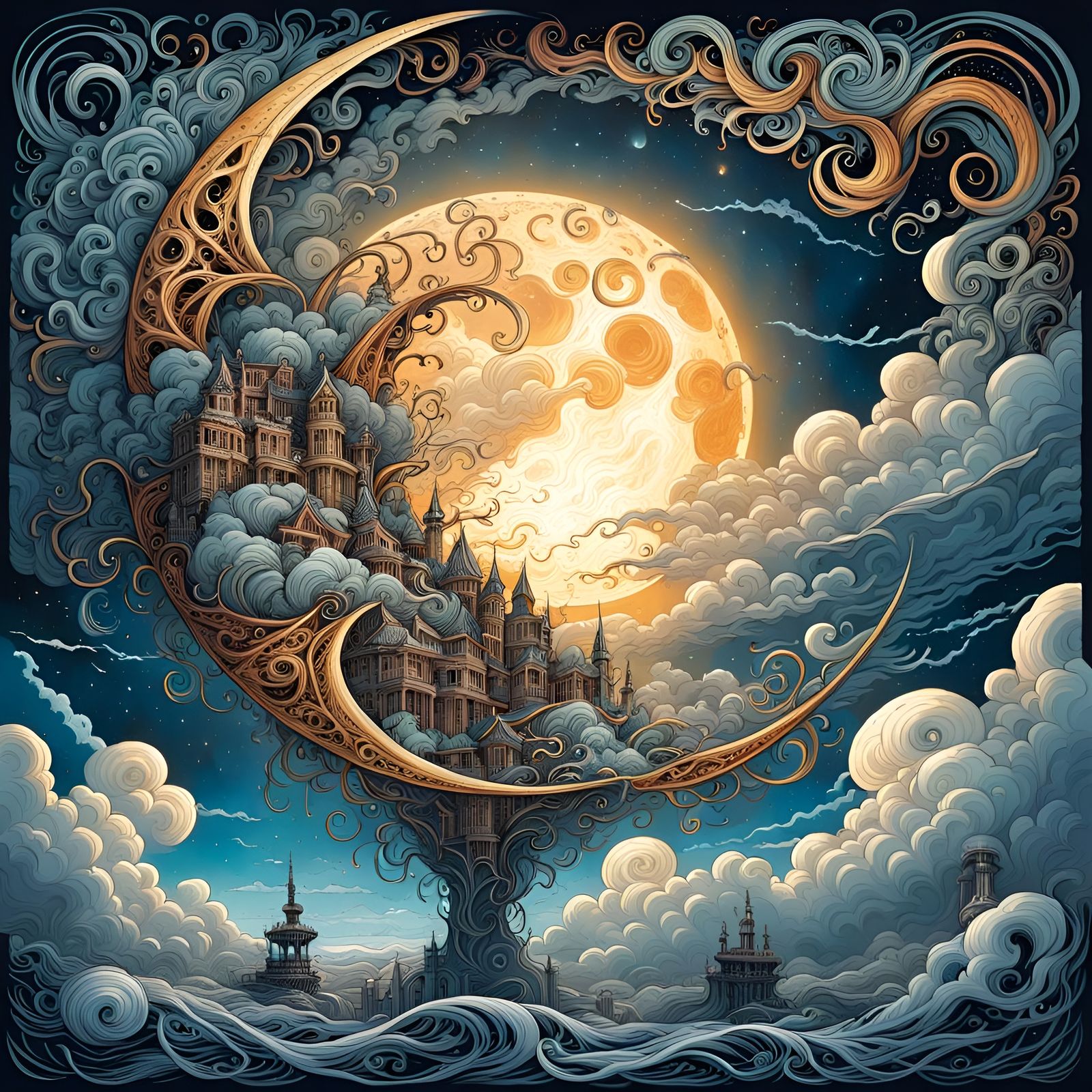 Exploding Moon Above Stormy Sky in Art Nouveau Style