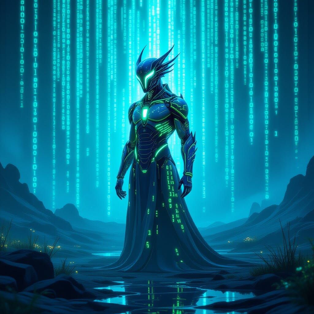 Cyberpunk Digital Creature in Binary Code Landscape