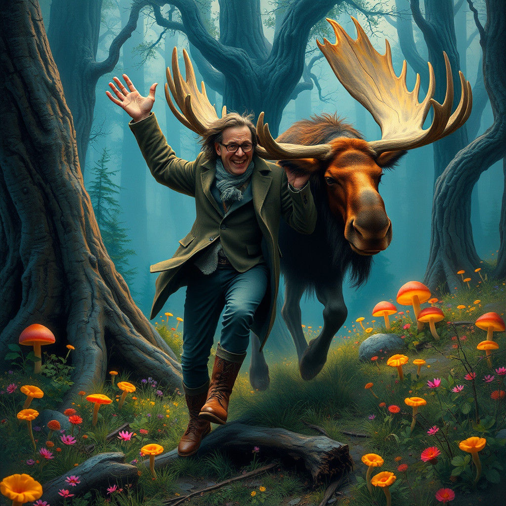 Moose Saves Man in Enchanted Forest, Matte Painting