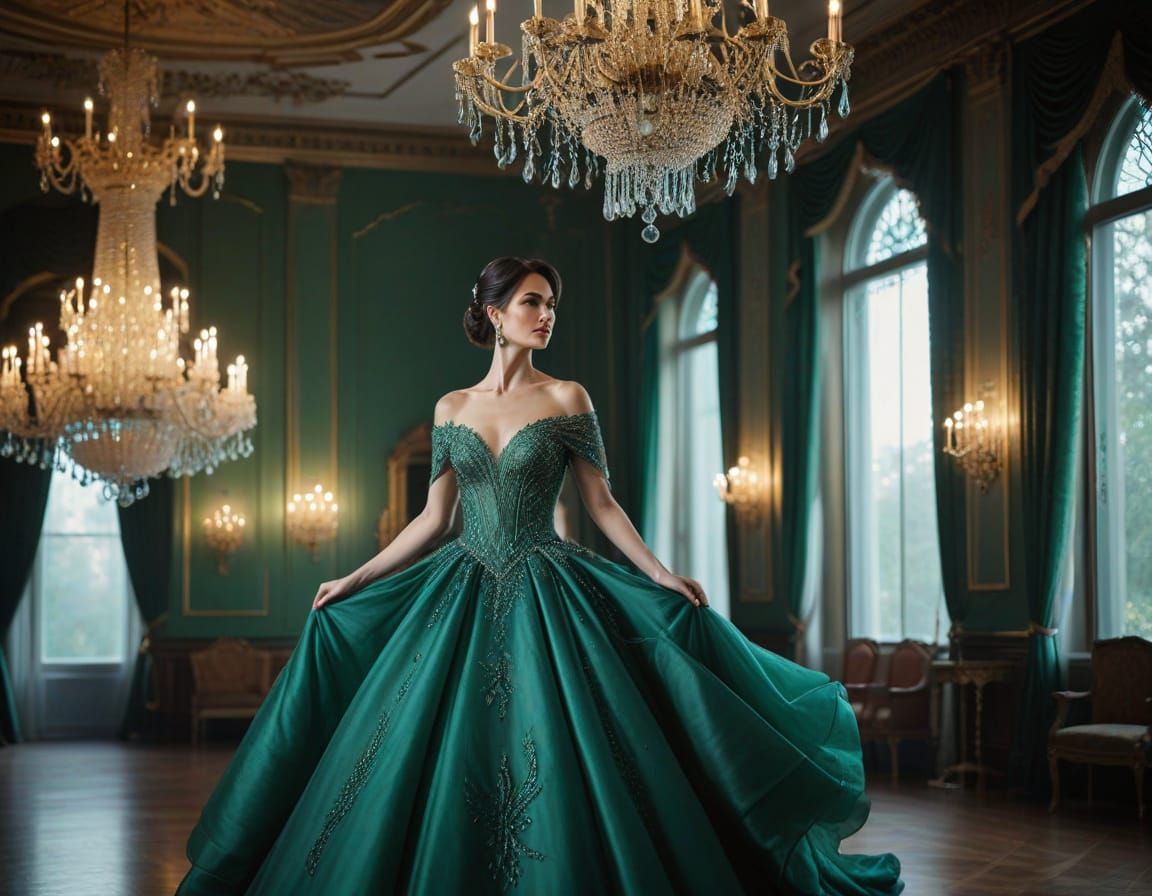 Elegant Woman in Emerald Gown at Grand Ballroom
