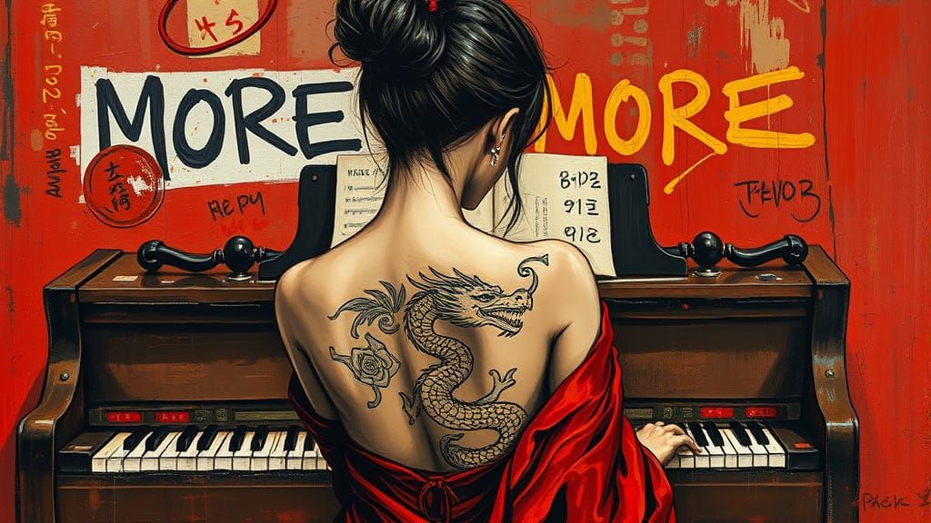 Impasto Painting of Asian Woman with Dragon Tattoo in Street...