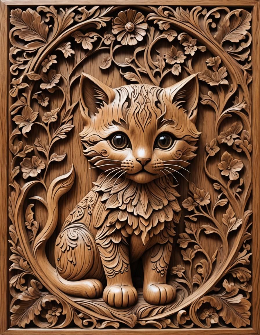 Mystic Kitten Silhouette in Carved Wood Relief