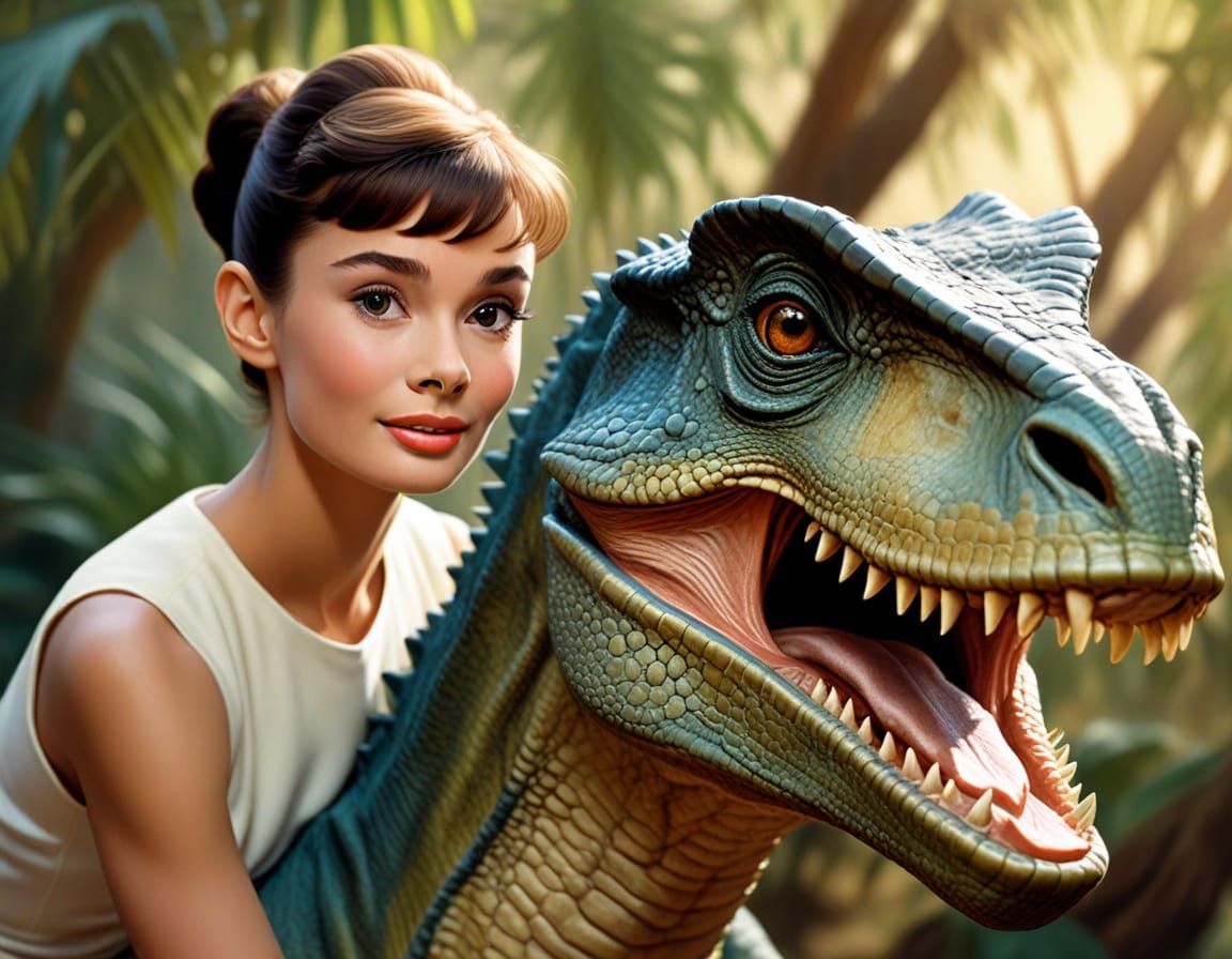 Audrey Hepburn on Dinosaur, Classic Oil Painting