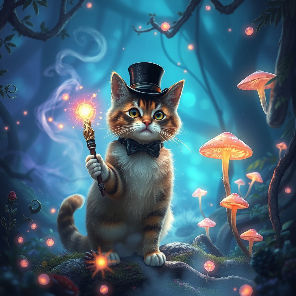 Whimsical Feline Enchantress in Ethereal Forest