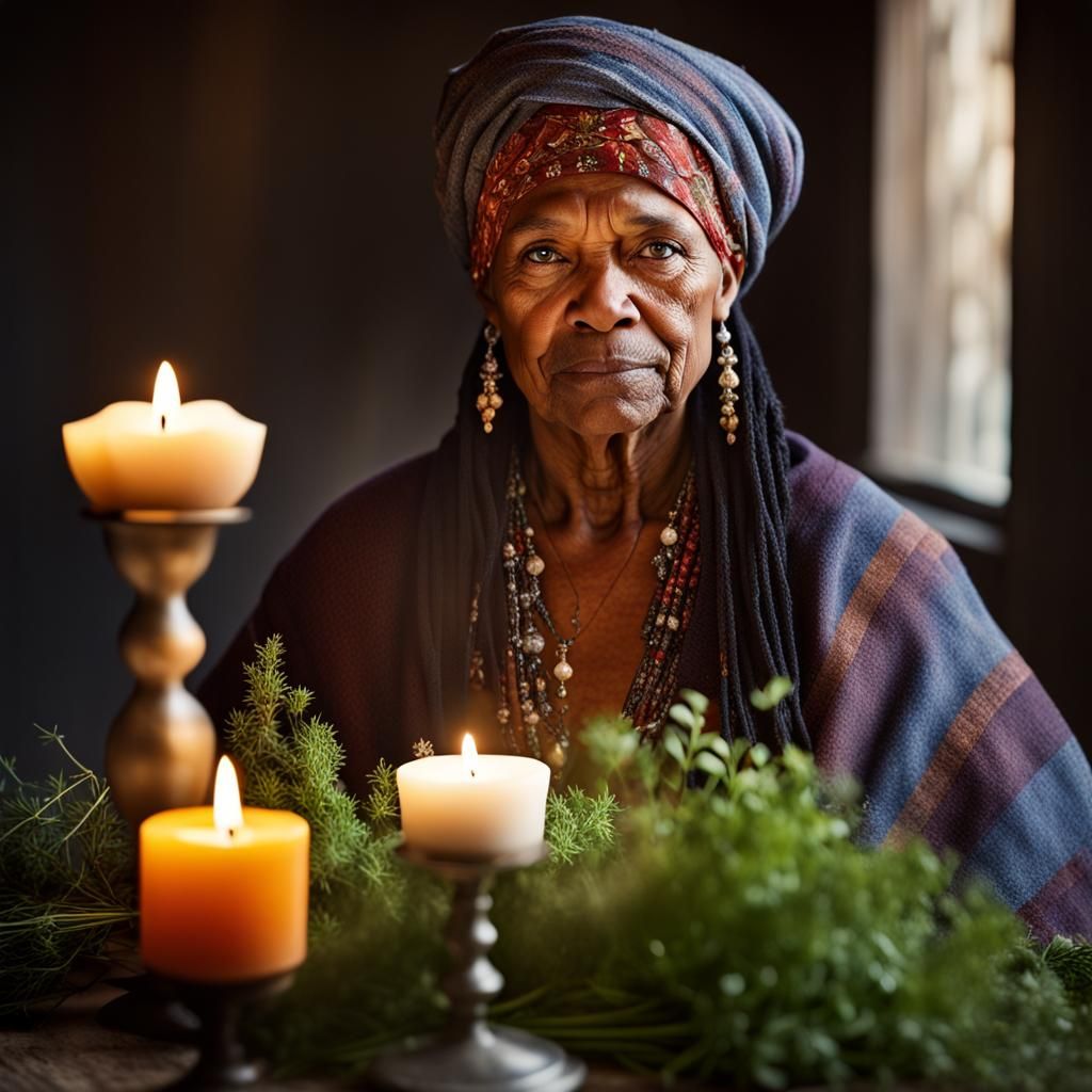 Healer Portrait with Herbs and Crystals