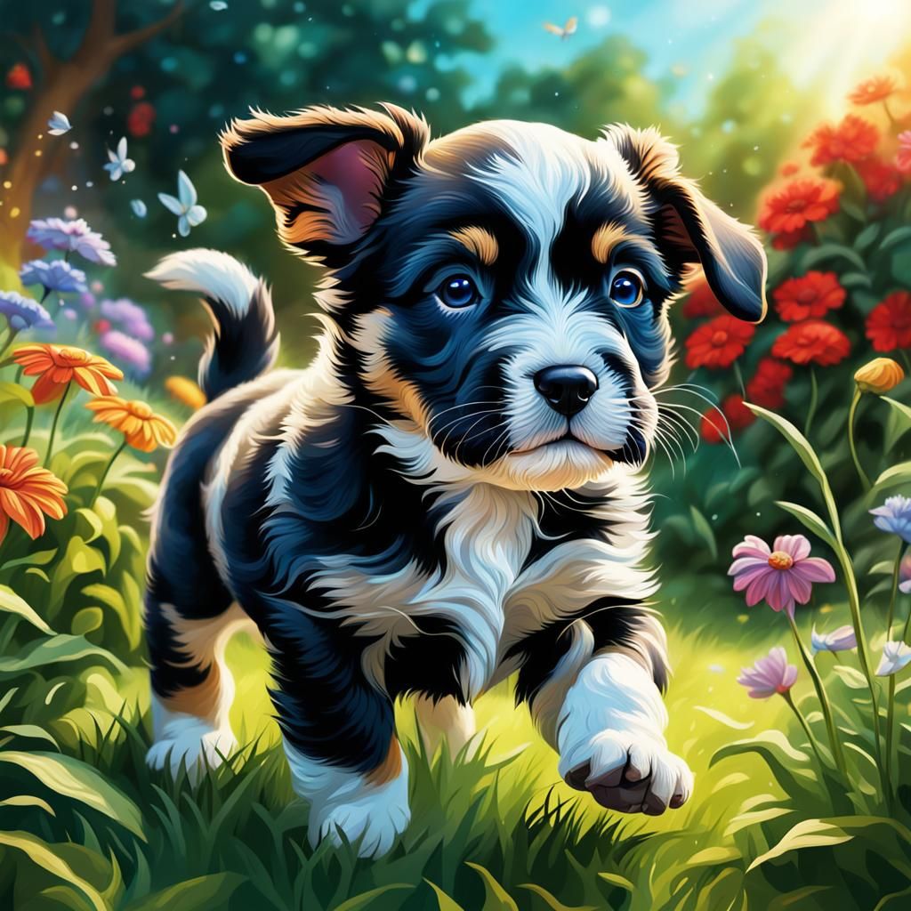 Puppy Playing in Garden: Hyperrealistic Splash Art