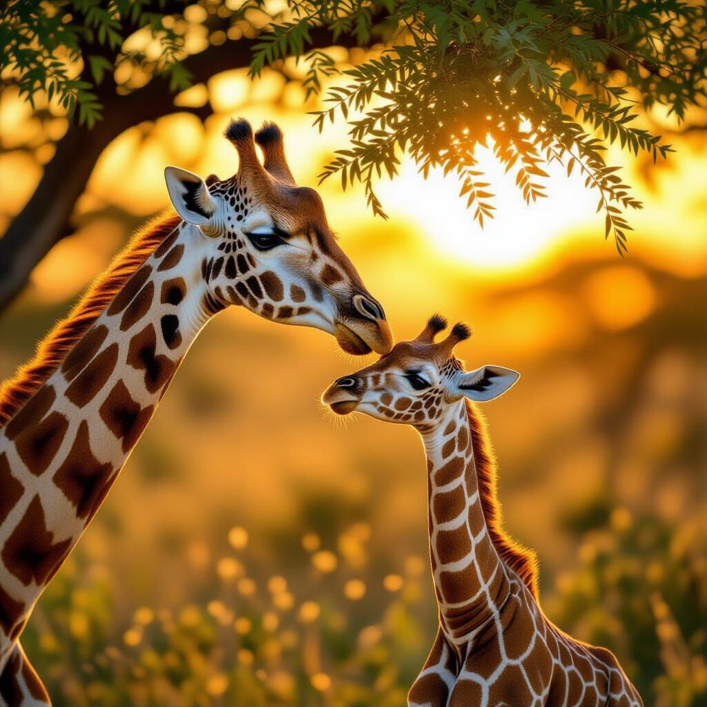 Mother and Son Giraffes Reach for Leaves at Sunrise