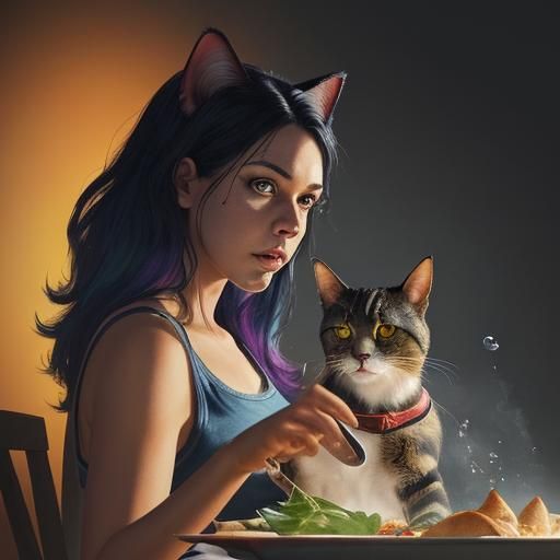 Hyperrealistic Woman Cooking Dinner with Cat