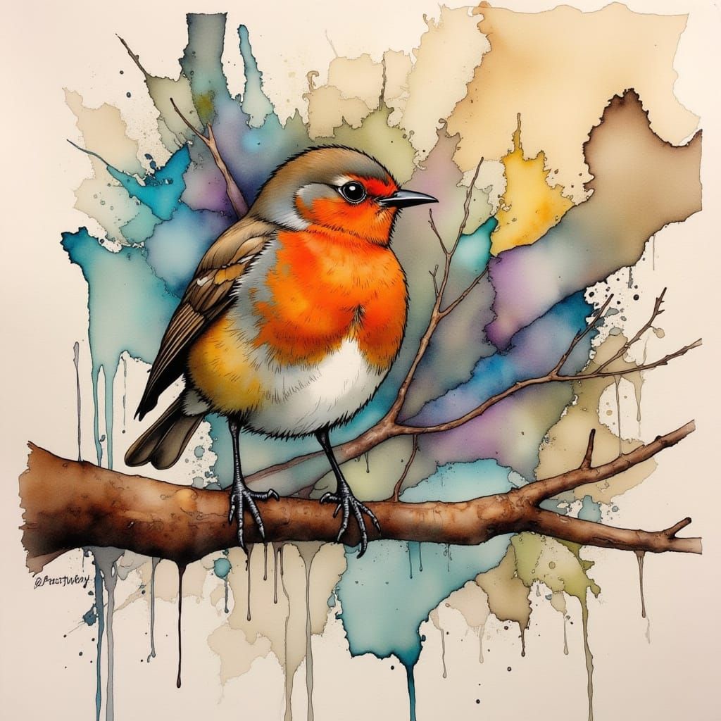 Impressionist Robin with Gold Veins and Alcohol Ink